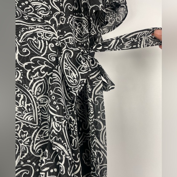 Calvin Klein Black White Chiffon Paisley Floral Hi Low Ruffle Faux Wrap Dress - Picture 6 of 11